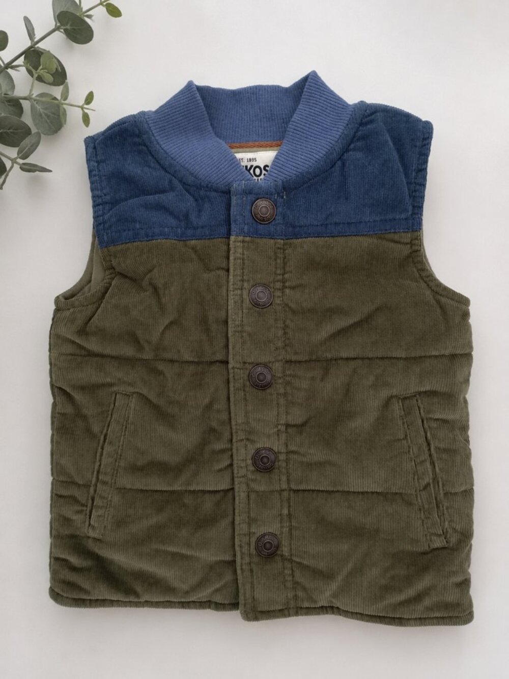 OshKosh B'gosh Toddler Boys 2T Corduroy Puffer Vest Olive Blue